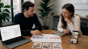 Dos profesionales de una agencia de publicidad en Instagram en Madrid analizando un embudo de captación de clientes