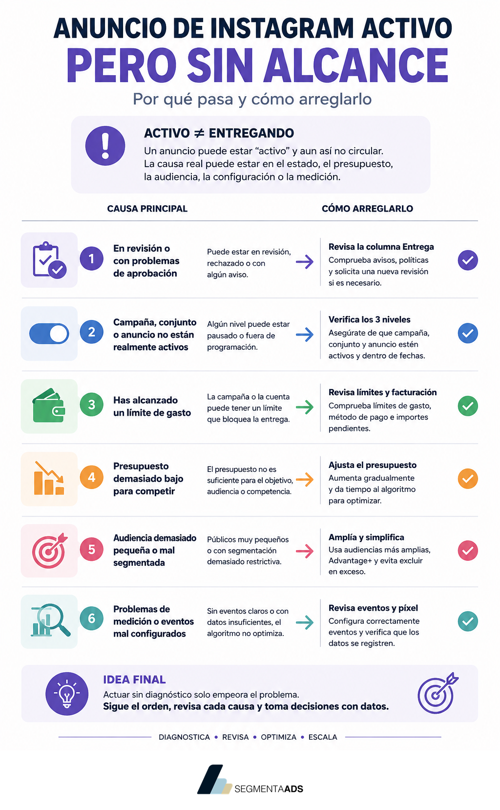 Infografía de SegmentaAds sobre un anuncio de Instagram activo pero sin alcance, con las causas principales y cómo arreglarlo paso a paso