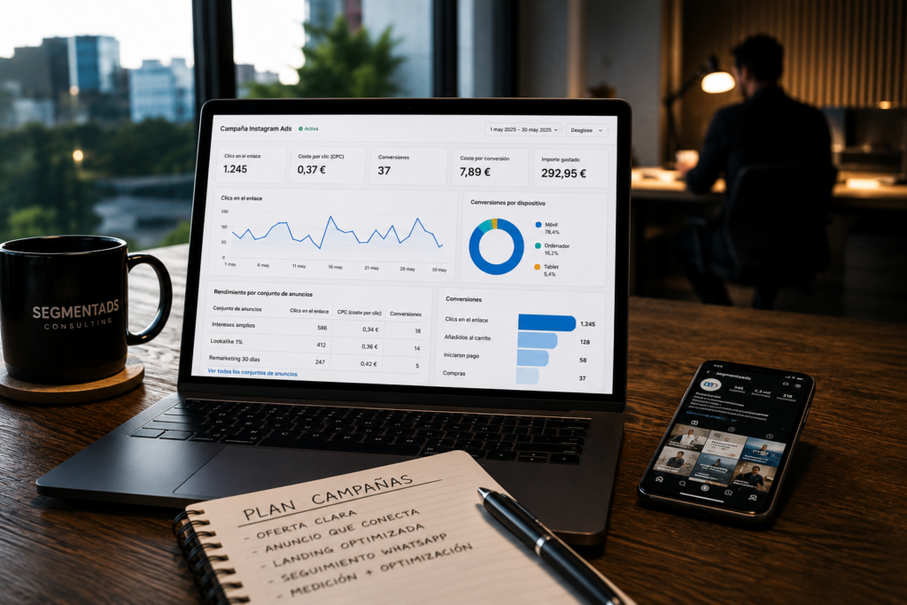 Portátil con el panel de una campaña de Instagram Ads mostrando clics, conversiones y coste por conversión, junto a un bloc de notas con el plan de campañas