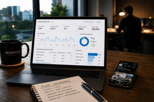Portátil con el panel de una campaña de Instagram Ads mostrando clics, conversiones y coste por conversión, junto a un bloc de notas con el plan de campañas