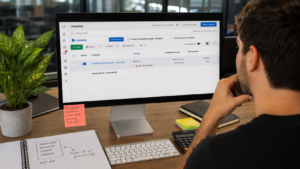 Hombre revisando en un monitor una campaña de Meta Ads activa en el Administrador de anuncios que apenas gasta presupuesto