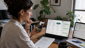 Clienta comparando planes y opiniones en el móvil y el portátil antes de decidir su compra, ejemplo del nuevo proceso de decisión en Meta Ads