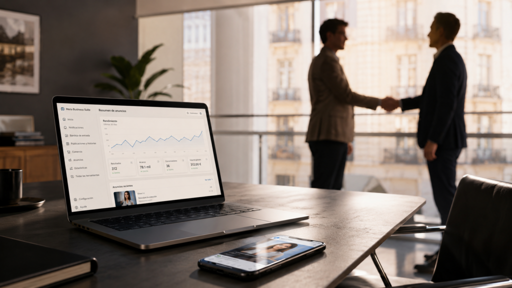 Panel de Meta Business Suite en un portátil con métricas de anuncios mientras dos personas cierran un acuerdo, ejemplo de inversión en Meta Ads para una pyme en España