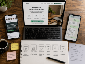 Ordenador con una landing page, móvil con anuncio de Instagram y móvil con conversación de WhatsApp junto a un esquema de embudo de captación