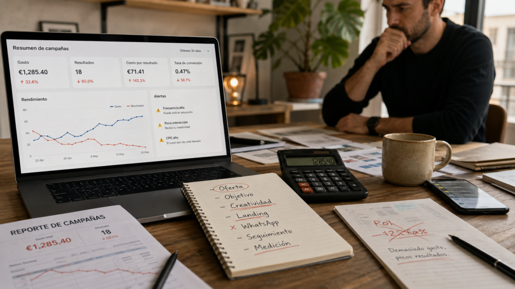 Portátil con un resumen de campañas de Meta Ads mostrando gasto alto y pocos resultados, junto a un bloc de notas con la lista de oferta, objetivo, creatividad, landing, WhatsApp, seguimiento y medición