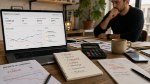 Portátil con un resumen de campañas de Meta Ads mostrando gasto alto y pocos resultados, junto a un bloc de notas con la lista de oferta, objetivo, creatividad, landing, WhatsApp, seguimiento y medición
