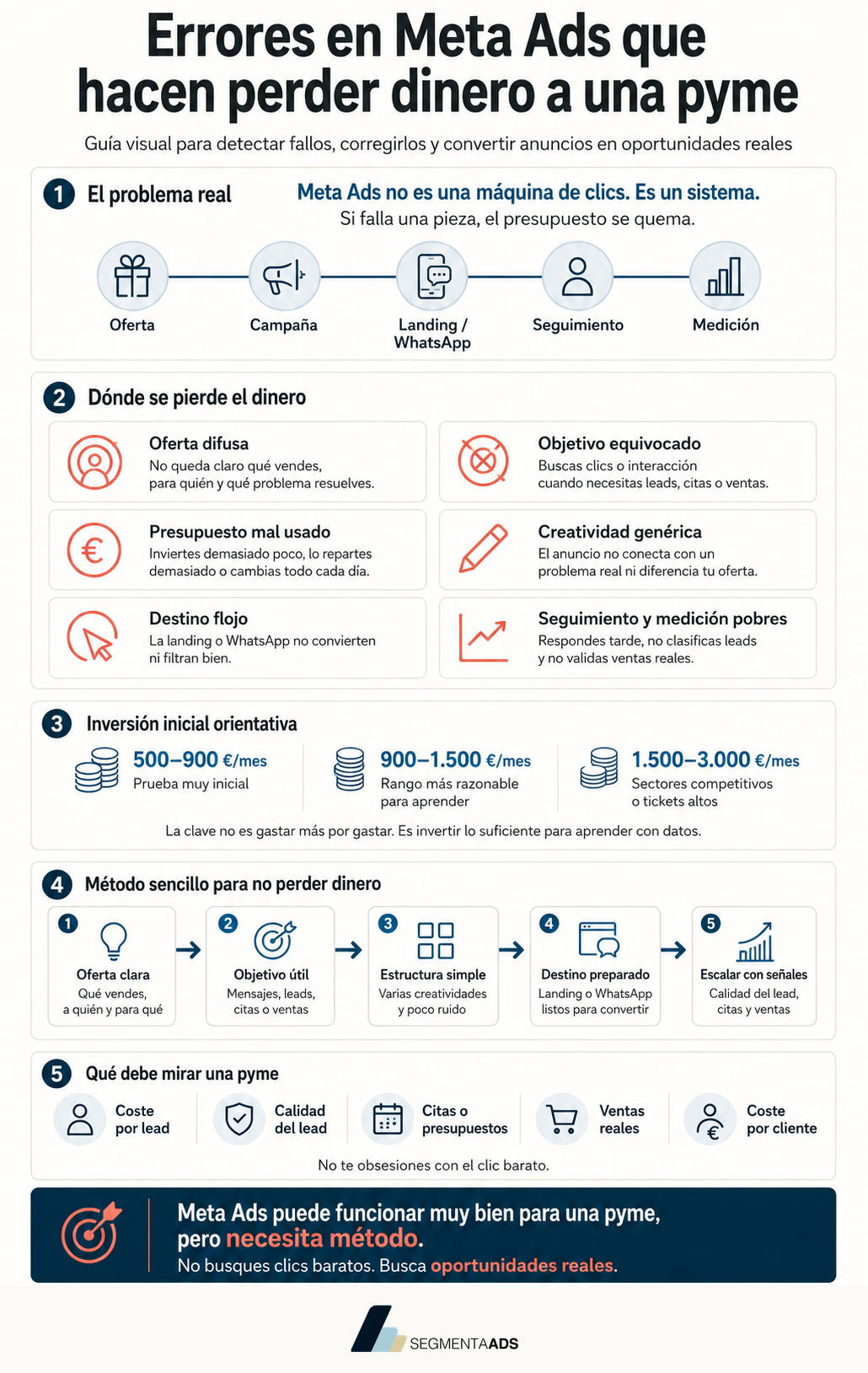 Infografía de SegmentaAds sobre los errores en Meta Ads que hacen perder dinero a una pyme, con dónde se pierde el dinero, la inversión inicial orientativa y un método para no perderlo
