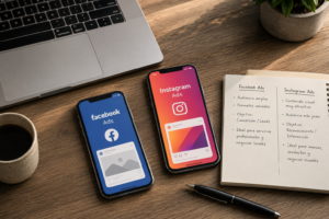 Dos móviles sobre una mesa mostrando Facebook Ads e Instagram Ads junto a un portátil y una libreta comparando ambas plataformas de Meta Ads