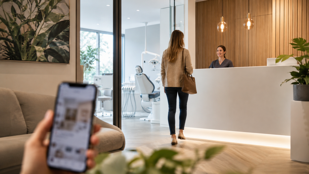 Mujer llegando a la recepción de una clínica dental moderna mientras alguien ve el perfil de la clínica en Instagram en el móvil