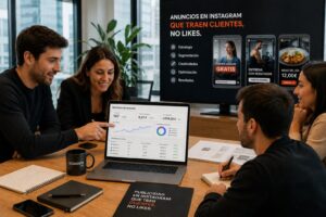 Equipo reunido en una oficina de Madrid revisando en un portátil los resultados de sus anuncios de Instagram