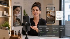 Mujer grabando un reel con el móvil en una tienda de cosmética, con anuncios de Instagram y sus métricas en pantalla