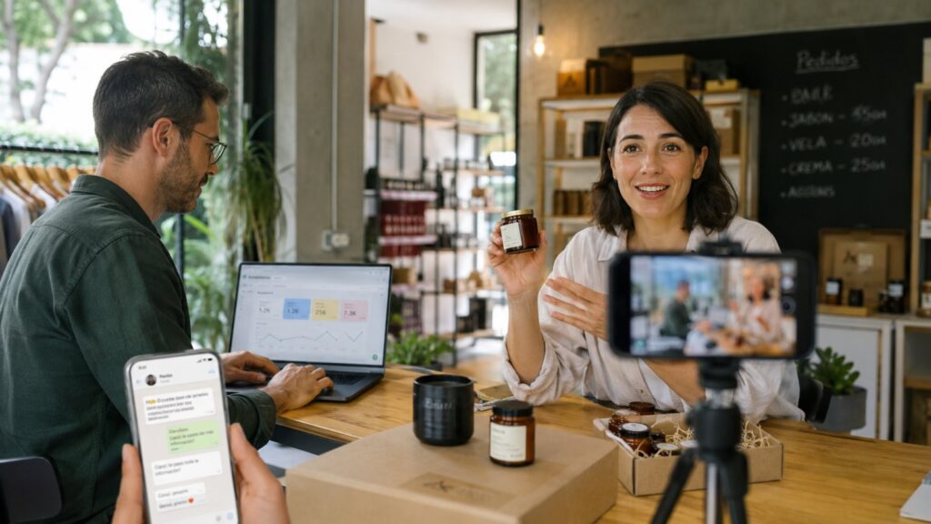 Dos personas grabando contenido de producto para Instagram en una tienda, con el móvil en un trípode