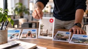 Varios anuncios impresos sobre una mesa, cuatro aprobados con una marca azul y uno rechazado con un aspa roja