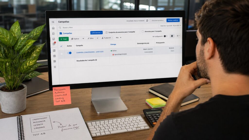 Hombre revisando en un monitor una campaña de Meta Ads activa en el Administrador de anuncios que apenas gasta presupuesto