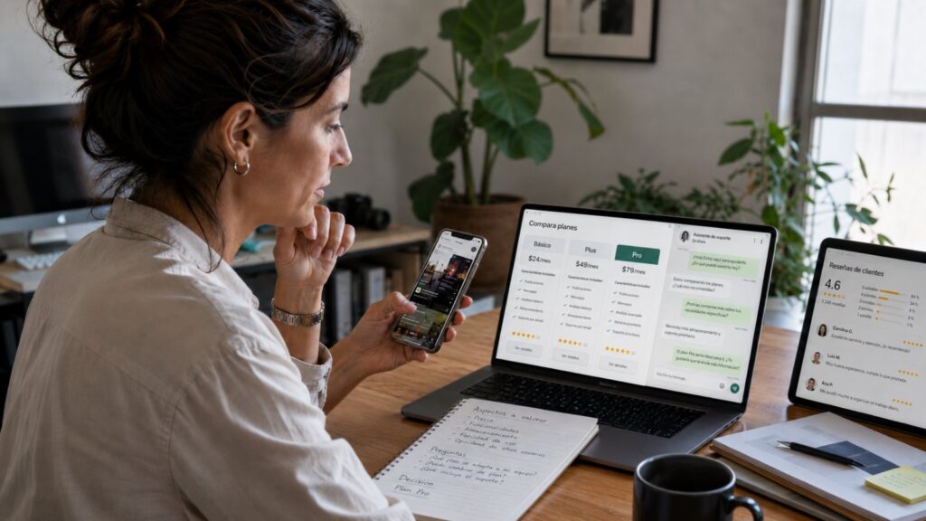 Clienta comparando planes y opiniones en el móvil y el portátil antes de decidir su compra, ejemplo del nuevo proceso de decisión en Meta Ads
