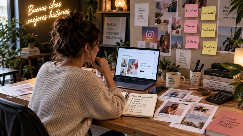 Escritorio con un portátil abierto en la pantalla de creación de un anuncio de Instagram junto a un plan de campaña anotado a mano