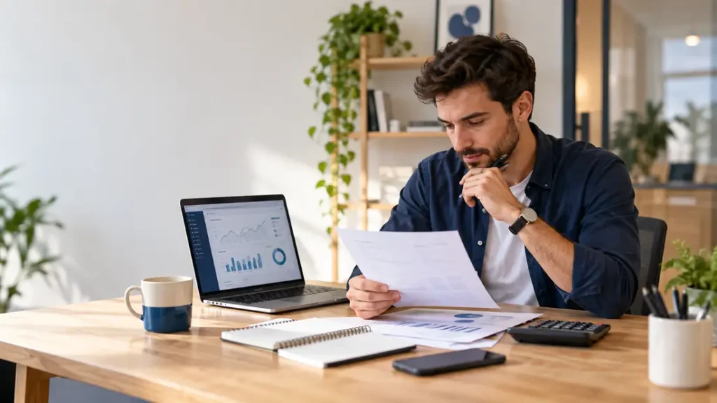 Empresario revisando el presupuesto de una campaña de Meta Ads con informes y calculadora