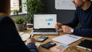 Dos personas revisando en un portátil las métricas de una cuenta publicitaria de Meta junto a una calculadora y documentos
