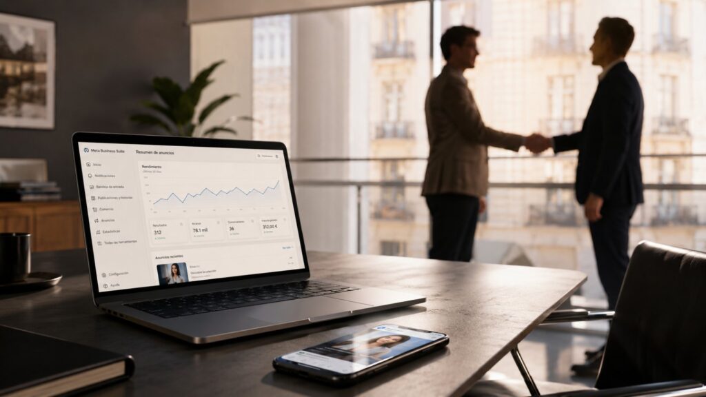 Panel de Meta Business Suite en un portátil con métricas de anuncios mientras dos personas cierran un acuerdo, ejemplo de inversión en Meta Ads para una pyme en España