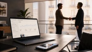 Panel de Meta Business Suite en un portátil con métricas de anuncios mientras dos personas cierran un acuerdo, ejemplo de inversión en Meta Ads para una pyme en España