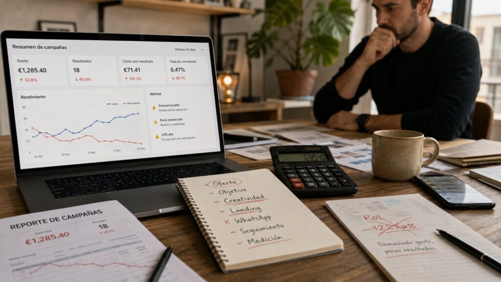 Portátil con un resumen de campañas de Meta Ads mostrando gasto alto y pocos resultados, junto a un bloc de notas con la lista de oferta, objetivo, creatividad, landing, WhatsApp, seguimiento y medición