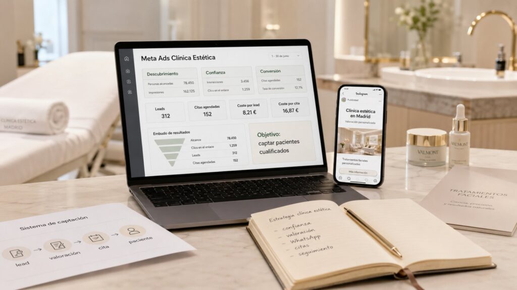 Meta Ads para clínicas estéticas: sistema de captación de pacientes en Instagram y Facebook con métricas de valoraciones y citas