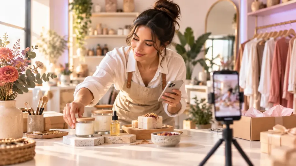 Duena de una tienda grabando con el movil los productos de su negocio para promocionarlos en Instagram