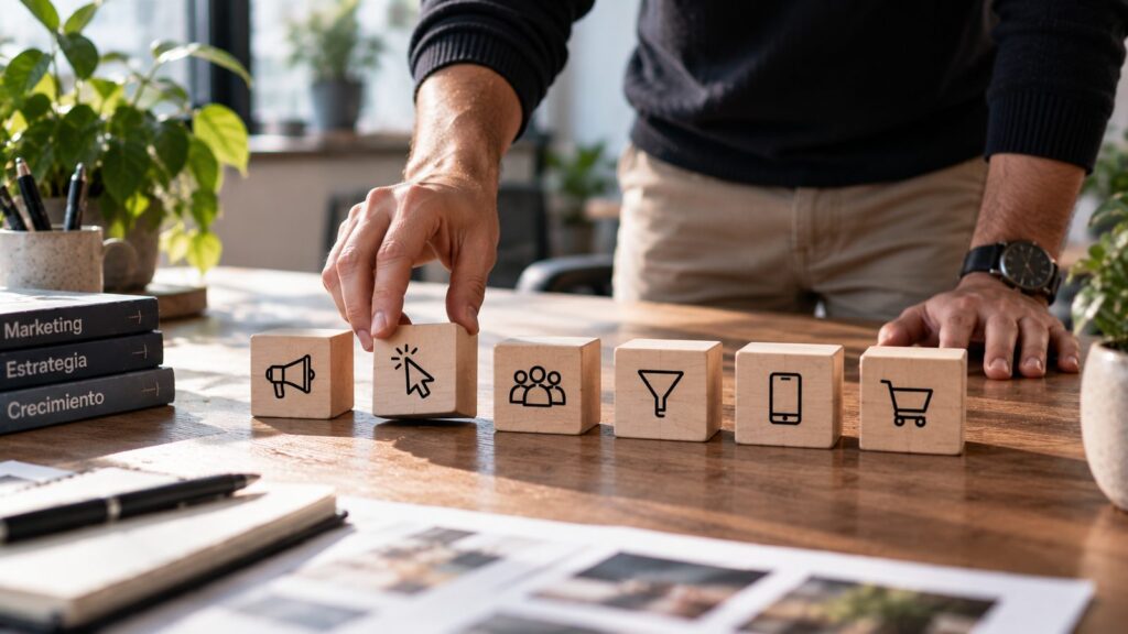 Seis cubos de madera con los iconos de los objetivos de campaña de Meta Ads: reconocimiento, tráfico, interacción, clientes potenciales, aplicación y ventas