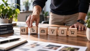 Seis cubos de madera con los iconos de los objetivos de campaña de Meta Ads: reconocimiento, tráfico, interacción, clientes potenciales, aplicación y ventas